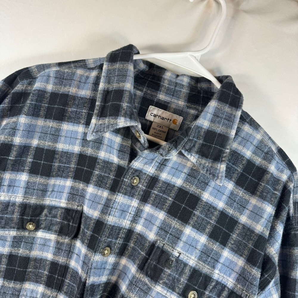 Carhartt Mens 2XL Blue Black Plaid Cotton Flannel Long Sleeve Button Down Shirt